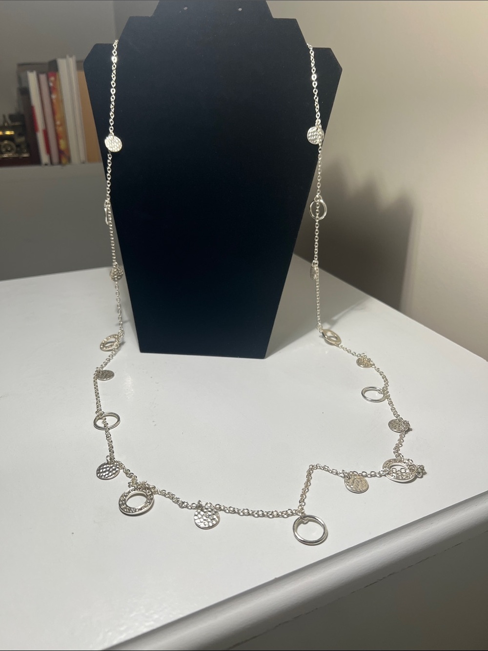 JS Stamped Long Silver Tone Disc & Open Ring Long Vintage Necklace